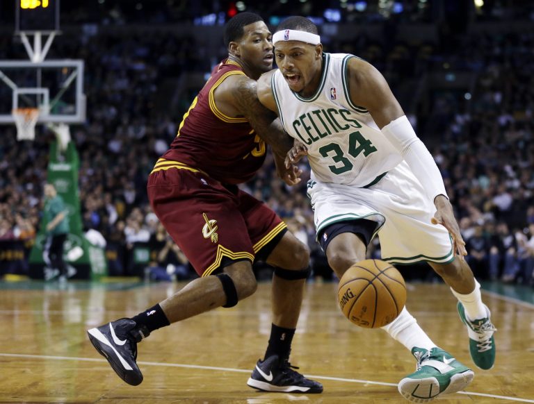  Boston Celtics forward Paul Pierce (34) drives against Cleveland Cavaliers forward Alonzo Gee (33) during the second quarter of an NBA basketball game in Boston, Wednesday, Dec. 19, 2012. (AP Photo/Elise Amendola)  