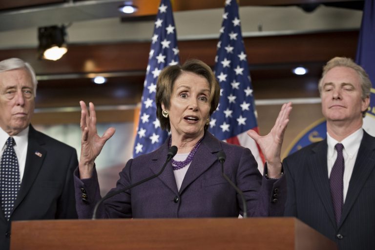House Minority Leader Nancy Pelosi of Calif., center, discusses the unfinished work of Congress and the struggle for Republican and Democratic budget negotiators to reach a compromise, at a news conference on Capitol Hill in Washington, Thursday, Dec. 5, 2013. She is joined by House Minority Whip Steny Hoyer of Md., left, and Rep. Chris Van Hollen, D-Md., the ranking member of the House Budget Committee. (AP Photo/J. Scott Applewhite)