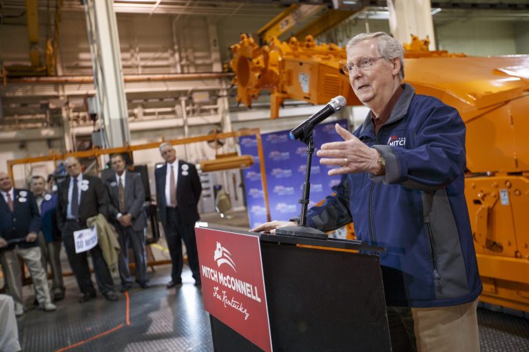 Senate Minority Leader Mitch McConnell of Ky., a 30-year incumbent, makes a final appeal for votes during a stop in Lebanon, Ky., at a plant that manufactures coal mining machinery, Friday. (AP/J. Scott Applewhite)