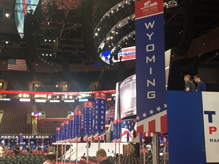 Way in the back of the GOP convention floor, you start to see states that were won by Sens. Marco Rubio and Ted Cruz: Wyoming, Maine, Kansas, Texas, D.C., Idaho, Montana, Utah, Minnesota and Colorado. (Philip Klein/Washington Examiner)