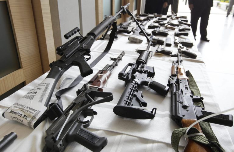 In this July 22, 2010, file photo, various guns are displayed at the Chicago FBI office.(AP Photo/M. Spencer Green, File)