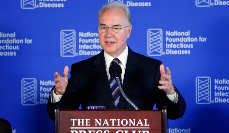 Health and Human Services Secretary Tom Price speaks during a National Foundation for Infectious Diseases news conference recommending everyone age six months an older be vaccinated against influenza, Thursday, Sept. 28, 2017 in Washington. (AP Photo/Pablo Martinez Monsivais)