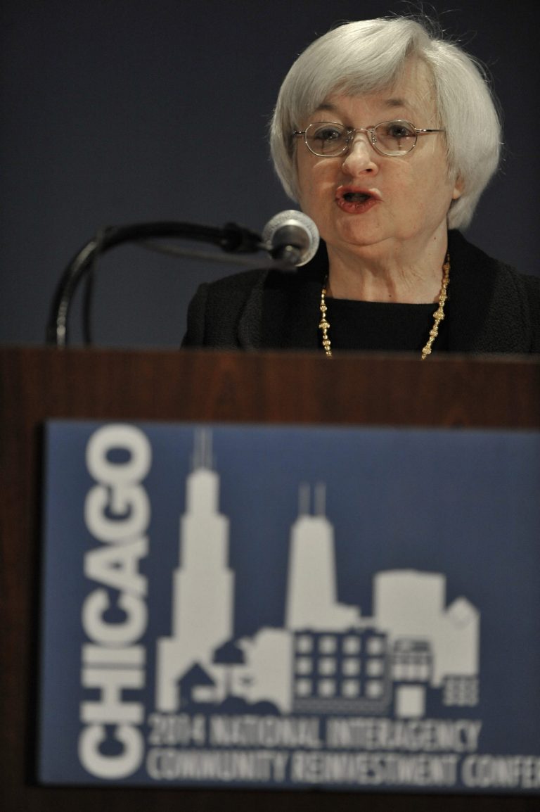 Federal Reserve Chair Janet Yellen speaks to community development professionals in Chicago at the National Interagency Community Reinvestment Conference in Chicago, Monday, March, 31, 2014. (AP Photo/Paul Beaty)