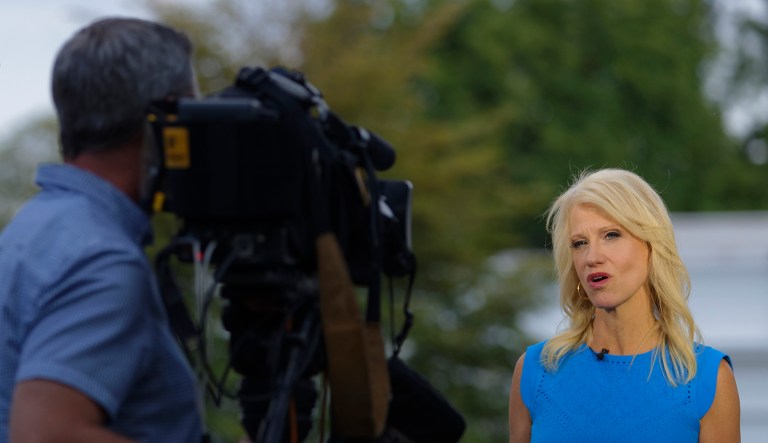Counselor to President Donald Trump Kellyanne Conway speak during a media interview at the White House, in Washington, Thursday, Aug. 24, 2017. (AP Photo/Carolyn Kaster)