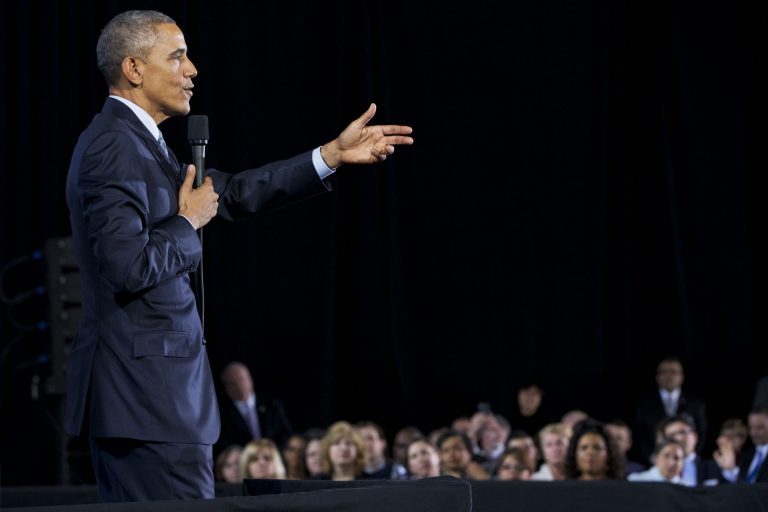 President Barack Obama calls on a member of the audience while taking questions after speaking about the economy and the middle class, Wednesday, March 18, 2015, at the City Club of Cleveland in Cleveland. (AP Photo/Jacquelyn Martin)