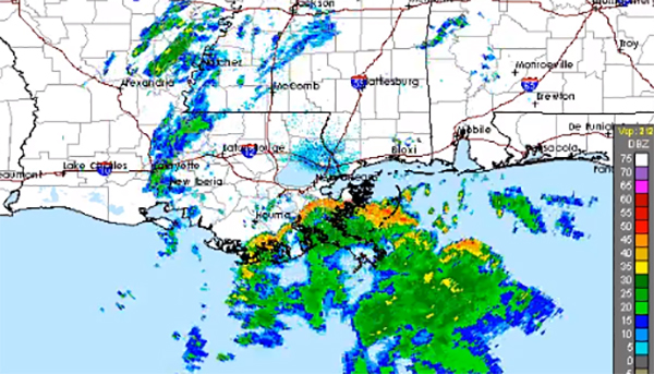With hours to go before the hurricane makes landfall somewhere between Louisiana and the Florida panhandle, radar imagery showed precipitation in the vicinity of New Orleans. The eye of the hurricane was also visible on local radar. (Radar imagery courtesy of NWS New Orleans/Baton Rouge, La.)