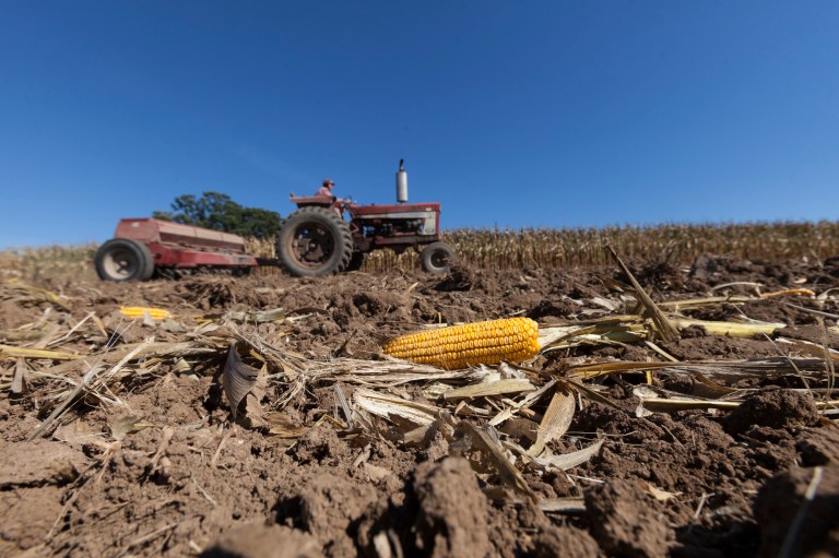 FILE - In this Sept. 27, 2013 file photo Tom Duerst plants winter wheat at his farm near Verona, Wis. Wisconsin farmers stopped working hundreds of thousands of acres during five years of heavy farm closures that a federal report described Thursday as among the most significant in the nation. (AP Photo/Andy Manis, File)