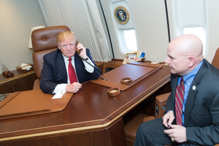 President Trump speaks with the commanding officers of the guided-missile destroyers USS Porter and USS Ross from Air Force One. With President Trump is national security adviser H.R. McMaster. (White House photo by Shealah Craighead)