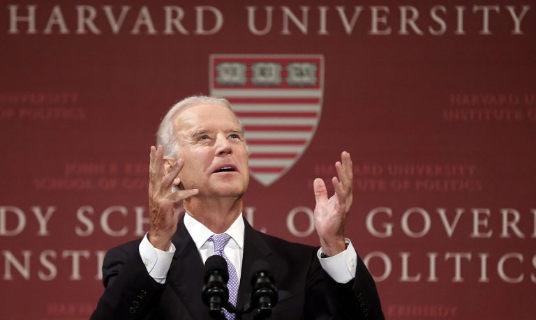 Vice President Joe Biden speaks to students faculty and staff at Harvard University's Kennedy School of Government in Cambridge, Mass. Thursday, Oct. 2, 2014. (AP Photo/Winslow Townson)