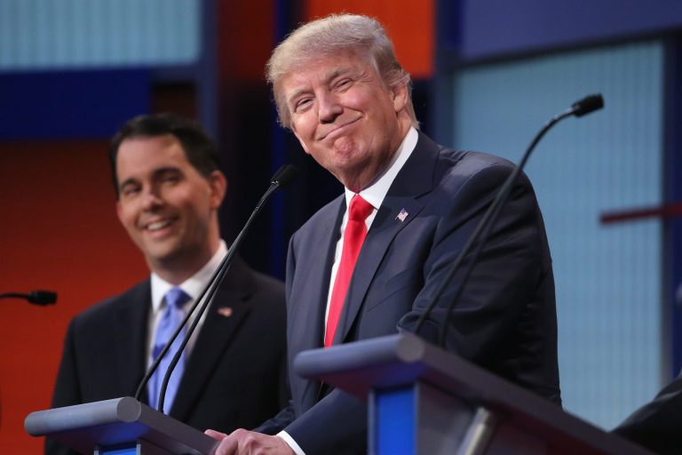 Republican presidential candidates Donald Trump during the first prime-time presidential debate hosted by FOX News and Facebook at the Quicken Loans Arena in Cleveland, Ohio. (Chip Somodevilla/Getty Images)