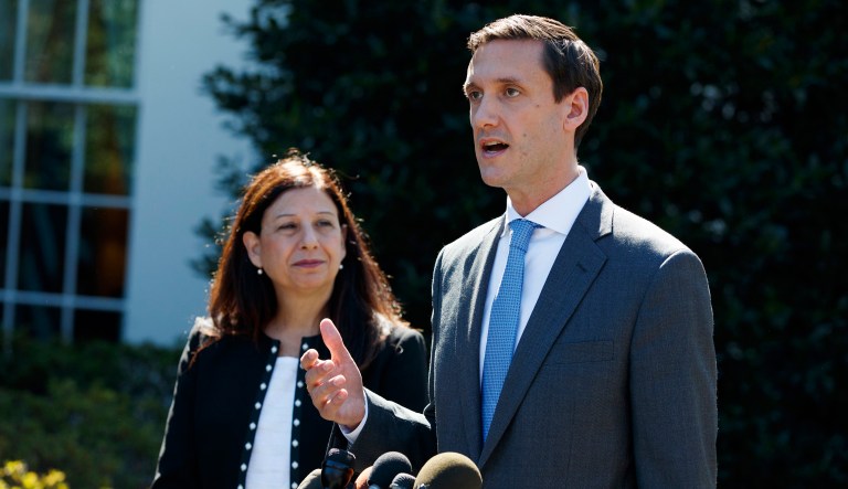 Homeland Security adviser Tom Bossert speaks about hurricane recovery efforts in Puerto Rico, while Acting Secretary of Homeland Security Elaine Duke listens. (AP Photo/Evan Vucci)