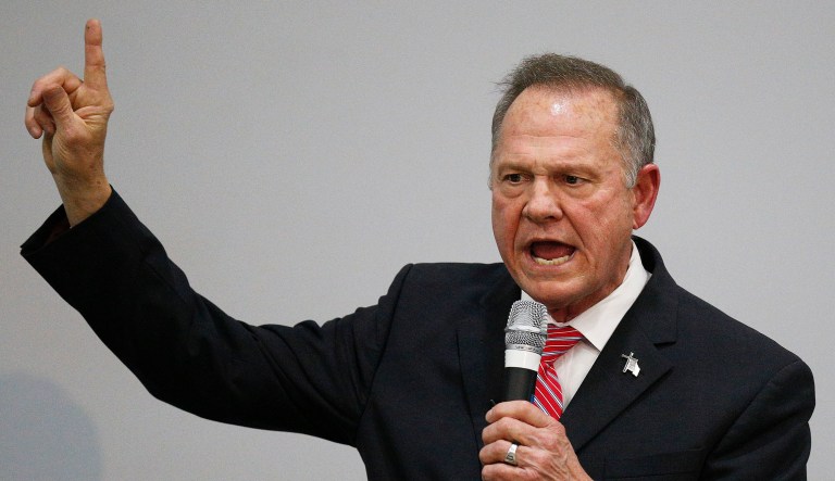 Former Alabama Chief Justice and U.S. Senate candidate Roy Moore is losing support from party leaders on Capitol Hill, but not necessarily back in the Cotton State, where it'll matter most come Election Day. (AP Photo/Brynn Anderson)