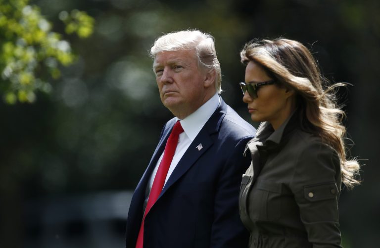 President Donald Trump and first lady Melania Trump walk from the Oval Office of the White House in Washington, Friday, Sept. 15, 2017, to Marine One for the short trip to Andrews Air Force Base, Md.. (AP Photo/Carolyn Kaster)
