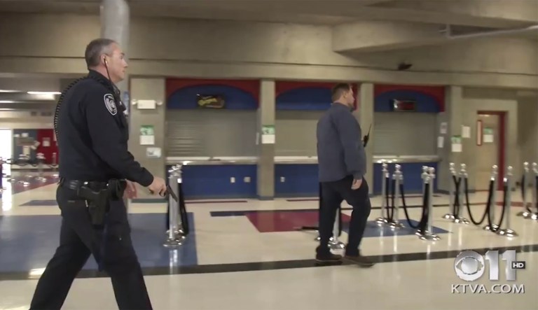 This week, students at East High School in Anchorage, Alaska had an active shooter drill where a police officer fired blank shots from a handgun while students stayed inside their classrooms and school administrators alerted people about the fake shooter. The purpose of the training was to teach students what gunfire would likely sound like in the hallways in a real active shooter situation. (Screenshot via Heather Hintze / Twitter)