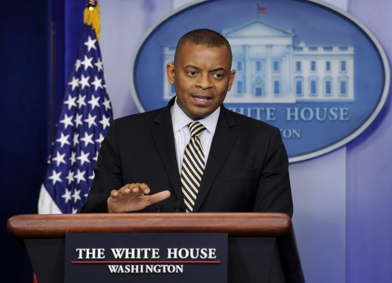 Transportation Secretary Anthony Foxx answers a question during the daily briefing at the White House in Washington, Monday, May 12, 2014. Foxx talked about transportation infrastructure in the United States including the federal Highway Trust Fund which is expected run dry by late August. Without congressional action, transportation aid to states will be delayed and workers will be laid off at construction sites nationwide, Foxx said.  (AP Photo)