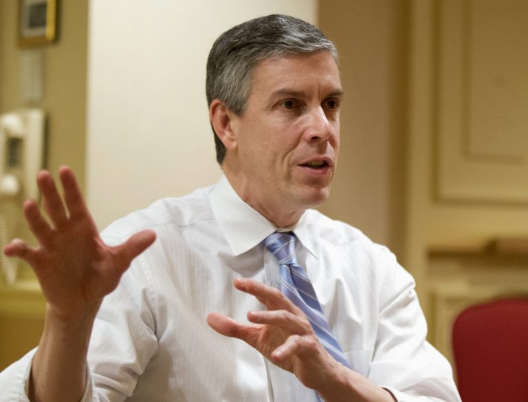 FILE - In this Jan. 17, 2013 file photo, Education Secretary Arne Duncan is interviewed by The Associated Press in Washington. The Obama administration told colleges and universities Friday they can continue to use admissions to increase diversity among their students, even in the wake of a Supreme Court ruling that could potentially open the door to more challenges. Duncan said Friday that a diverse enrollment, Ã?promotes cross-racial understanding and dialogue, reduces racial isolation and helps to break down stereotypes.Ã? (AP Photo/Manuel Balce Ceneta, File)