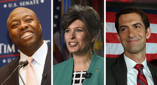 Sens. Tim Scott, from left, Joni Ernst and Tom Cotton are among the most pivotal potential endorsements of the 2016 Republican presidential race. (Wire photos)