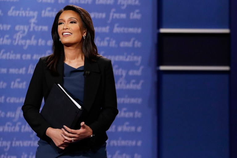 Moderator Elaine Quijano of CBS News is getting a thumbs down by her peers in the media for not being more aggressive with the candidates during the vice presidential debate. (AP Photo/David Goldman)