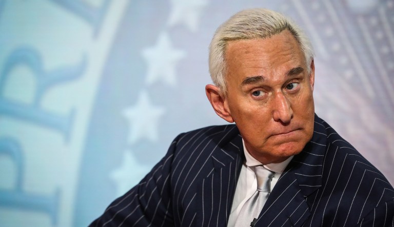 Roger Stone, former adviser to President Trump's campaign, listens during a Bloomberg Television interview in New York on Friday, May 12, 2017.
