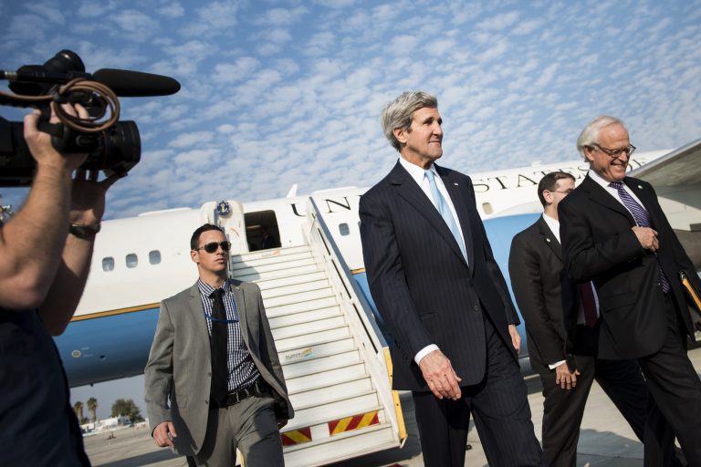 Secretary of State John Kerry arrives at Ben Gurion airport near Tel Aviv, Israel, on Thursday. (AP Photo/Brendan Smialowski)