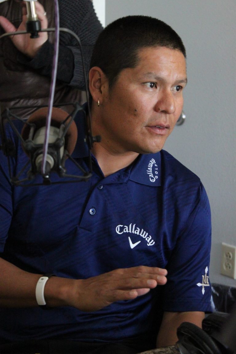 FILE - In this April 2011, file photo, professional golfer Notah Begay III talks to students in Albuquerque, N.M., about his mission to combat diabetes among Native American youth. The latest effort on the Navajo Nation, the country's largest reservation, is to use the tax system to spur people to ditch junk food. A proposed 2 percent sales tax on chips, cookies and sodas failed Tuesday, April 22, 2014, in a Tribal Council vote. (AP Photo/Susan Montoya Bryan, File)
