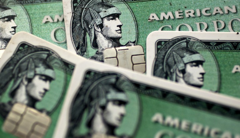 American Express Co. chip credit cards are arranged for a photograph in Washington, D.C., U.S., on Monday, Oct. 16, 2017. American Express is expected to release third-quarter earnings figures on October 18.