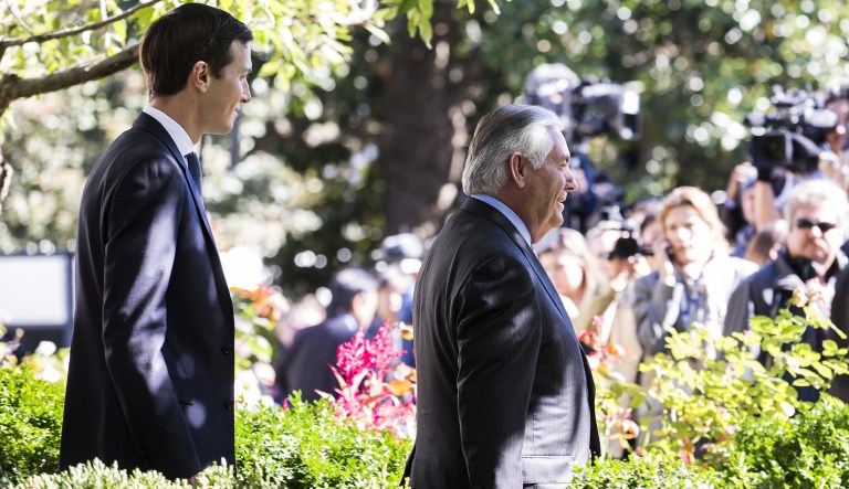 Jared Kushner and Rex Tillerson arrive for a press conference in Washington.