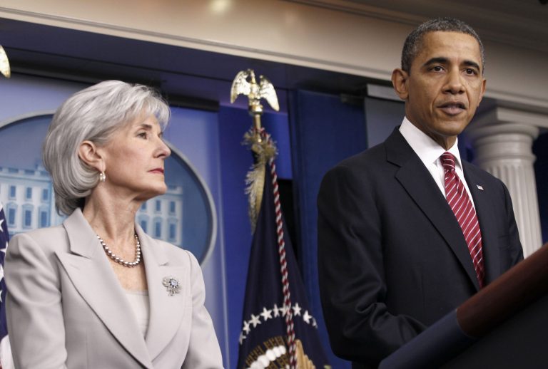 President Barack Obama, accompanied by Health and Human Services Secretary  Kathleen Sebelius at a press conference. (AP/Pablo Martinez Monsivais)