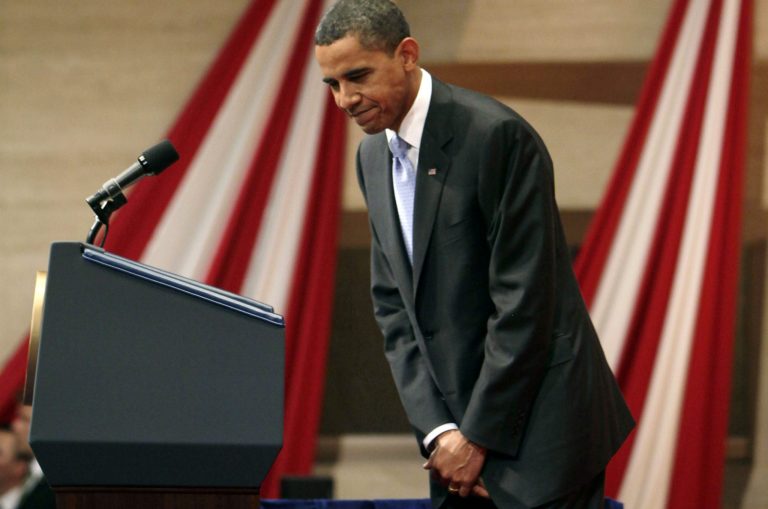 President Obama bows to members of the audience after delivering remarks at Suntory Hall in Tokyo Saturday, Nov. 14, 2009. (AP Photo/Pablo Martinez Monsivais)