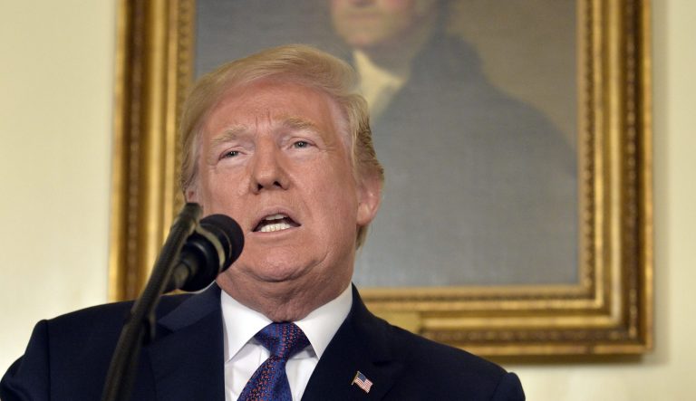 U.S. President Donald Trump speaks about launching missile strikes on Syria during a televised statement at the White House in Washington, D.C., U.S., on Friday, April 13, 2018.