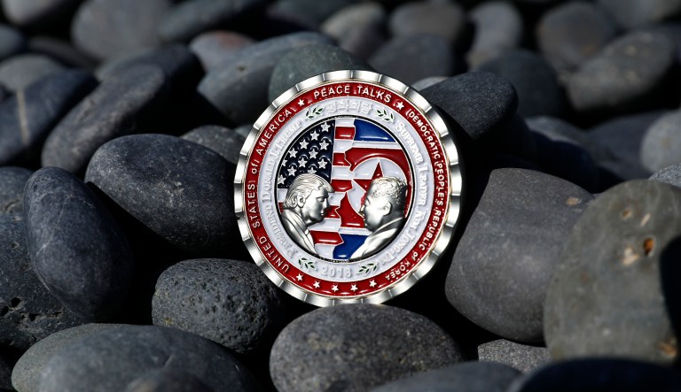 A commemorative coin released by the White House for a potential "peace summit," featuring the names and silhouettes of President Trump and North Korean leaderÂ KimÂ JungÂ Un. TrumpÂ canceled his plannedÂ summitÂ with KimÂ that had been scheduled for June 12 in Singapore, citing "tremendous anger and open hostility" in recent statements from Pyongyang.