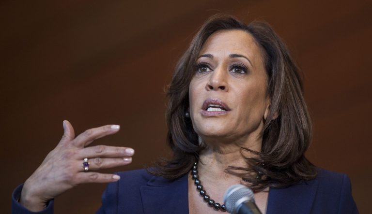 Senator Kamala Harris, a Democrat from California, speaks during a press conference at Howard University in Washington, D.C., U.S., on Monday, Jan. 21, 2019.