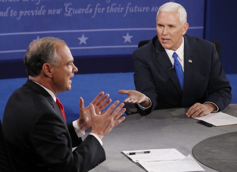 Pence remained calm throughout his 90-minute debate against Kaine despite facing repeated interruptions from both the Democratic vice presidential candidate and the moderator. (Andrew Gombert/Pool via AP)