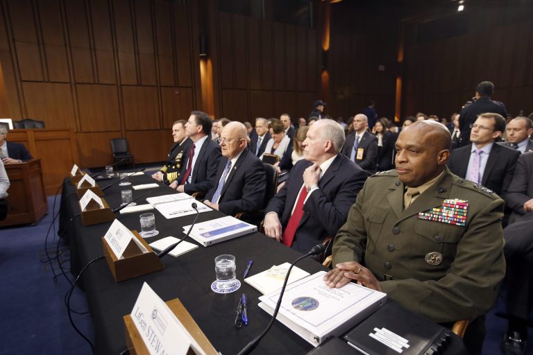 From left, National Security Agency Director Adm. Michael Rogers, FBI Director James Comey, Director of the National Intelligence James Clapper, CIA Director John Brennan, and Defense Intelligence Agency Director Lt. Gen. Vincent Stewart. (AP Photo/Alex Brandon)