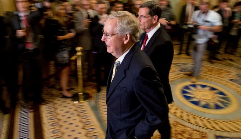 Conservatives cheered a tweet by Trump on Friday morning that if the Senate can't pass healthcare reform, it should repeal Obamacare and create a replacement later. (AP Photo/Andrew Harnik)