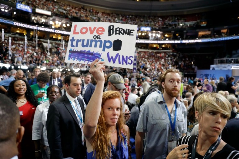 Following a day of dissent in Philadelphia, the Sanders campaign sent texts to Sanders delegates asking them not to protest on the floor Monday night —œout of courtesy—£ to the Vermont Senator. (AP Photo)
