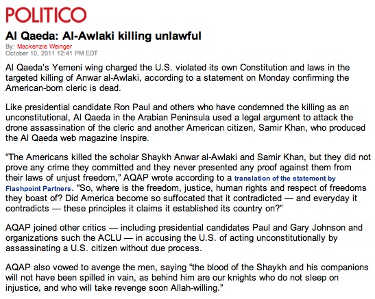 Terrorists Call Awlaki Killing ‘Unlawful’