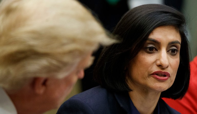 The federal lawsuit filed Friday against the Trump administration focuses on the work of Centers for Medicare and Medicaid Services Administrator Seema Verma. (AP Photo/Evan Vucci)