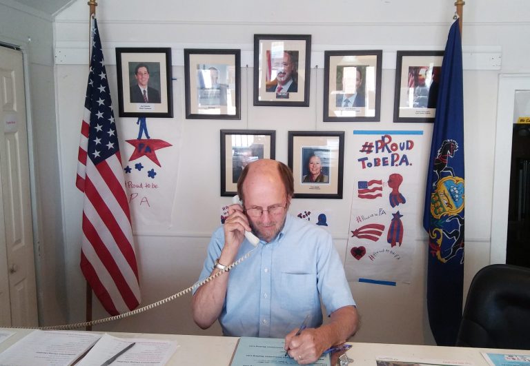 Richard E. Frey, of New Oxford, PA, makes a call to a voter at the Adams County Democratic Office in Gettysburg, PA. Frey is one of the many volunteers who staff the office. (Salena Zito/Washington Examiner)