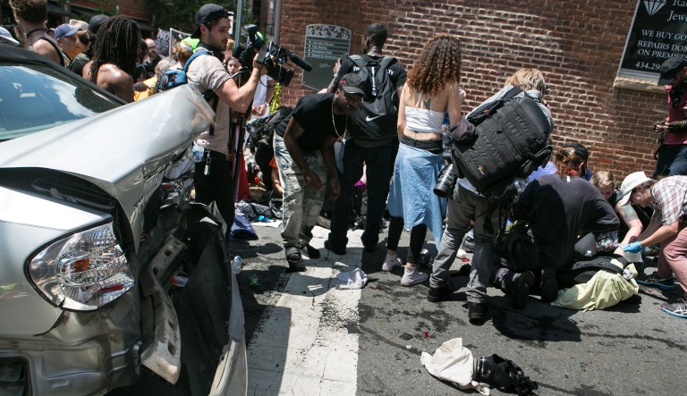 The scene where a car plowed through a crowd of anti-facist counter-demonstrators marching through the downtown shopping district August 12, 2017 in Charlottesville, Virginia. The car plowed through the crowed following the shutdown of the 'Unite the Right' rally by police after white nationalists, neo-Nazis and members of the 'alt-right' and counter-protesters clashed near Emancipation Park, where a statue of Confederate General Robert E. Lee is slated to be removed. (Graeme Jennings/Washington Examiner)