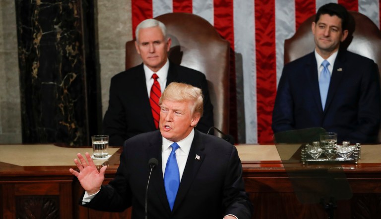 Whether it was a joke or not, President Trump (pictured bottom) should not be joking about treason when it comes to the Democrats who refused to clap during his State of the Union address. Political dissent does not equal betraying one's country and attempting to overthrow the government. (AP Photo/Pablo Martinez Monsivais)