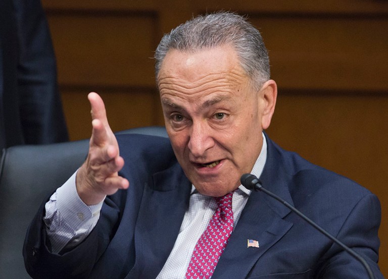 Senate Minority Leader Chuck Schumer (D-NY) gestures with his hand as he speaks into a microphone.