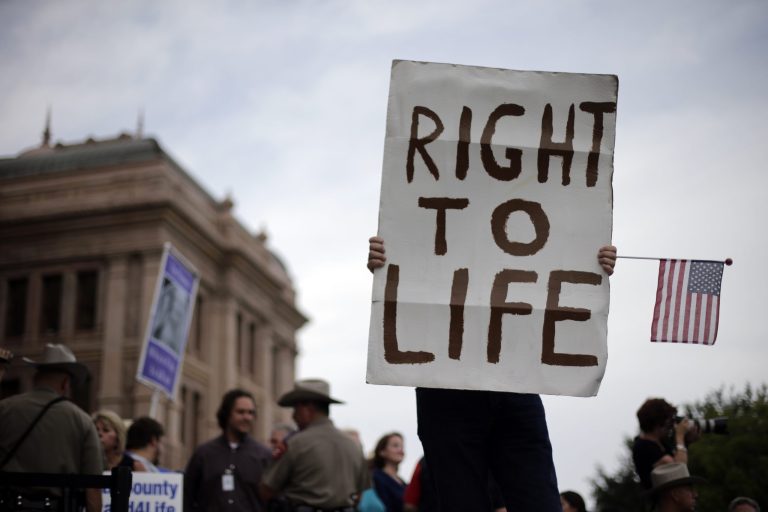 A man holds a sign during an anti-abortion rally at the Texas Capitol, Monday, July 8, 2013, in Austin, Texas.