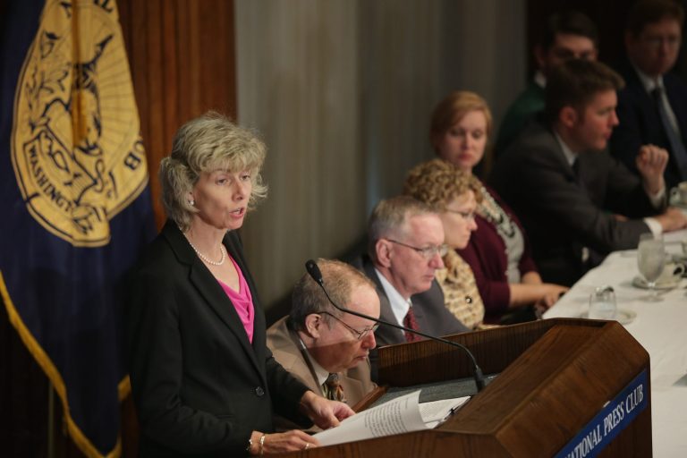 U.S. Nuclear Regulatory Commission Chairman Allison Macfarlane delivers remarks about the operation of the nation's more than 100 nuclear power plants during the National Press Club Newsmakers Luncheon November 17, 2014 in Washington, DC. (Photo by Chip Somodevilla/Getty Images)