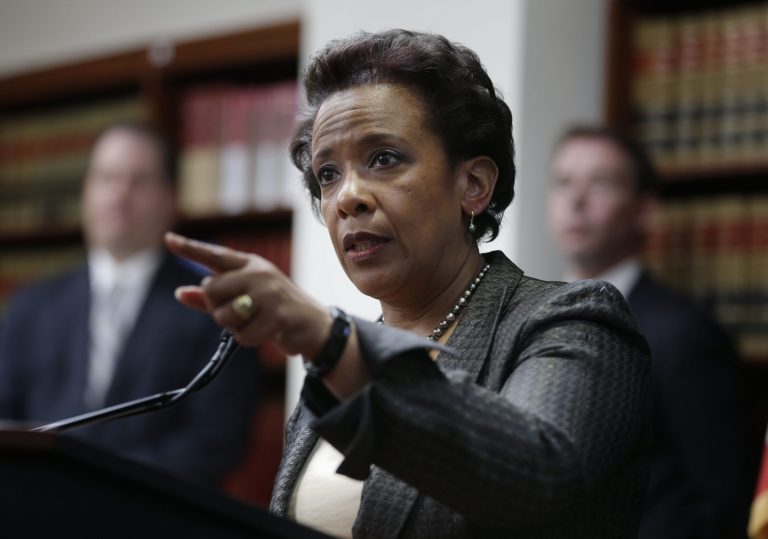 Loretta Lynch, U.S. Attorney for the Eastern District of New York, speaking during a news conference in New York, Monday, April 28, 2014. (AP Photo/Seth Wenig)