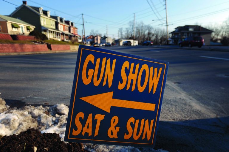 A sign is posted for an upcoming gun show, Friday, Jan. 4, 2013, in Leesport, Pa. Gun advocates aren?t backing down from their insistence on the right to keep and bear arms. But heightened sensitivities and raw nerves since the Newtown, Conn. shooting are softening displays at gun shows and even leading officials and sponsors to cancel the popular exhibitions altogether. (AP Photo/Matt Rourke)