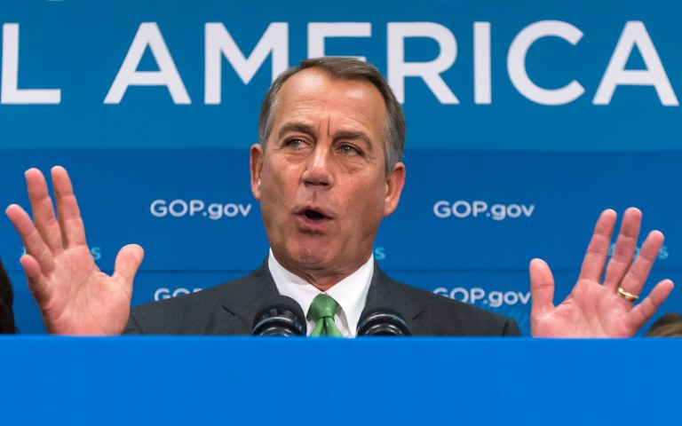 Speaker of the House John Boehner, R-Ohio, and GOP leaders speak to reporters after a closed-door strategy session at the Capitol in Washington, Thursday, Sept. 26, 2013. Pressure is building on fractious Republicans over legislation to prevent a partial government shutdown, as the Democratic-led Senate is expected to strip a tea party-backed plan to defund the Affordable Care Act, popularly known as 