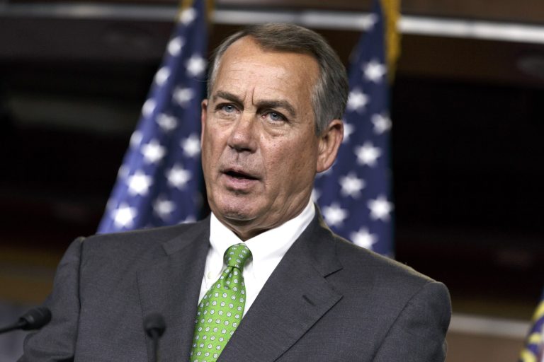 In this Sept. 11, 2014, photo, House Speaker John Boehner of Ohio speaks during a news conference on Capitol Hill in Washington. Lawmakers raced Monday, Sept. 15, to authorize an expanded mission to arm and train moderate Syrian rebels before heading back to the campaign trail, with House Republicans preparing legislation backing a central plank of President Barack Obama's strategy against the Islamic State group.  (AP Photo/J. Scott Applewhite)