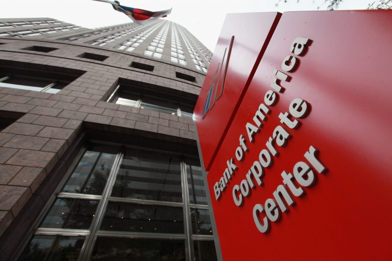 A sign marks the location of the Bank of America Corporate Center, which houses the corporate headquarters for Bank of America on July 11, 2012 in Charlotte, North Carolina. (Photo by Scott Olson/Getty Images)