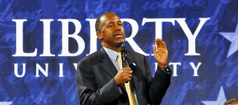 Republican Presidential candidate Dr. Ben Carson speaks at Liberty University in Lynchburg, Va., Wednesday, Nov. 11, 2015. (AP Photo/Steve Helber)